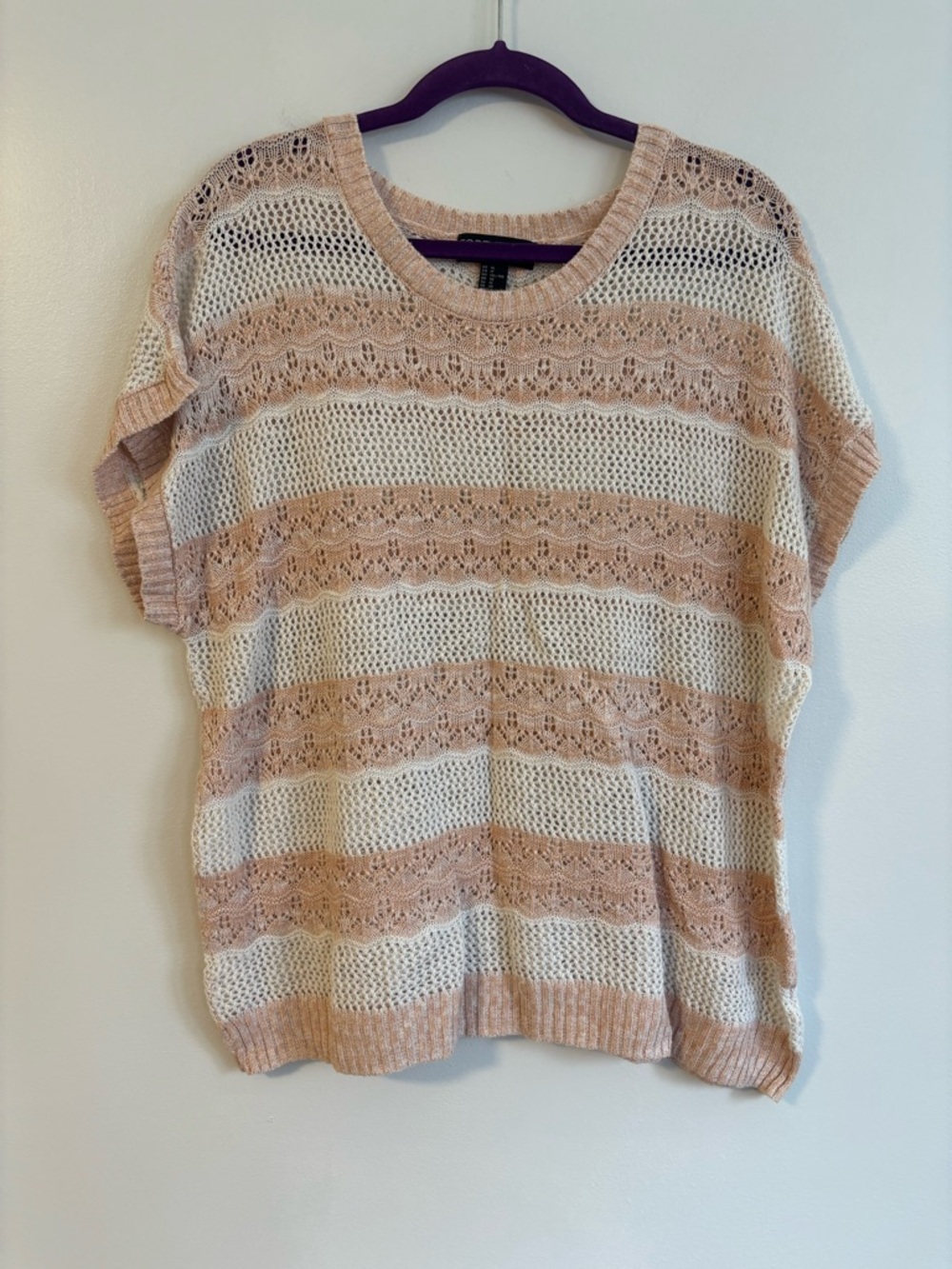 Forever 21+ Open Knit Short Sleeve Crewneck Sweater Pink White Top Plus Size 1X